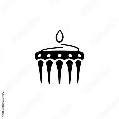 Stylized Black & White Symbol: A Cake-like Form with a Flame, Dots, and Tines on a White Background