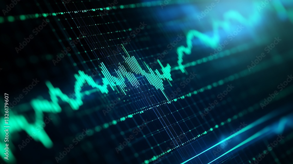 Abstract Financial Graph with Fluctuating Lines and Digital Data Representation in Green and Blue Tones Abstract Financial Graph with Fluctuating Lines and Digital Data Representation in Green and Blue Tones