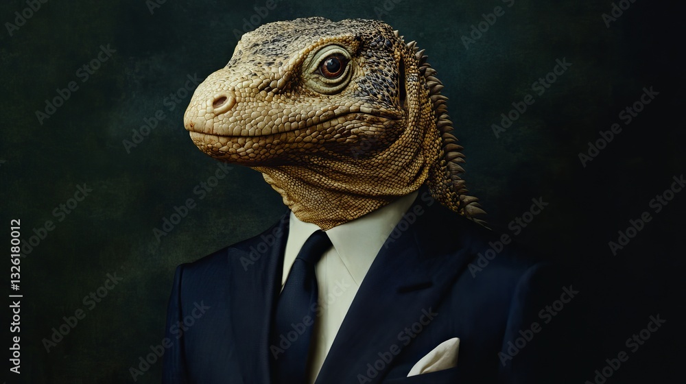 Anthropomorphic Komodo Dragon in Suit Blending Animal and Human, Conceptual Portrait, Dark Art Anthropomorphic Komodo Dragon in Suit Blending Animal and Human, Conceptual Portrait, Dark Art