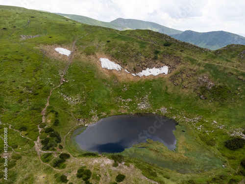 Aerial view of Nesamovyte Lake, a glacial alpine lake in the Carpathians, Ukraine