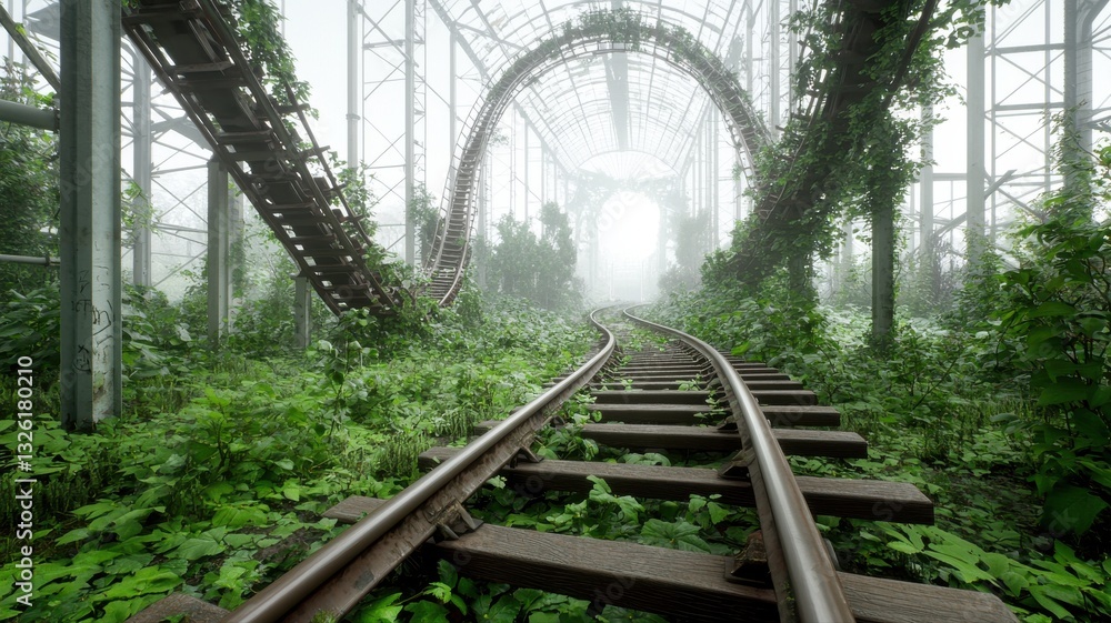 Fototapeta premium Overgrown railway tracks run through an abandoned greenhouse, showcasing nature reclaiming urban structures.