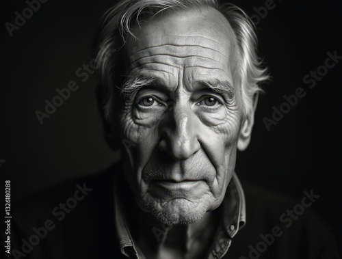 Dramatic black and white portrait of an elderly man showing wrinkles