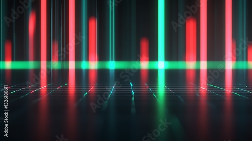 Abstract futuristic background with neon bright lights in red and green colors on dark surface with reflections