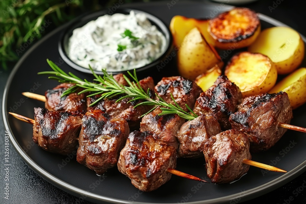 A meal of meat and potatoes served on a black plate A meal of meat and potatoes served on a black plate