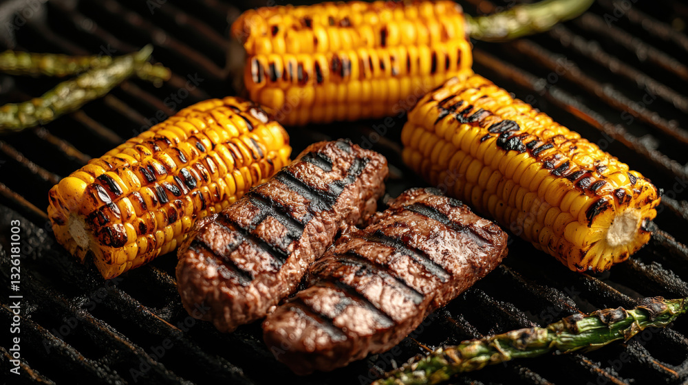 Grilled corn on the cob with a healthy, sweet, and vibrant yellow color, perfect for a BBQ dinner alongside steak and pork, capturing the essence of fresh and delicious grilled food Grilled corn on the cob with a healthy, sweet, and vibrant yellow color, perfect for a BBQ dinner alongside steak and pork, capturing the essence of fresh and delicious grilled food