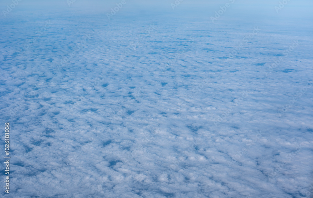 Fototapeta premium Blue sky with white clouds, flying above cloudy sky texture pattern, cloudscape blurred light