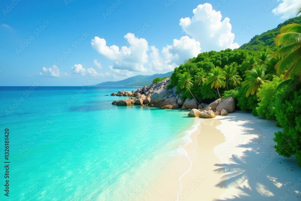 Lush green isle, turquoise water, white sand beach, paradise, Maldives Lush green isle, turquoise water, white sand beach, paradise, Maldives