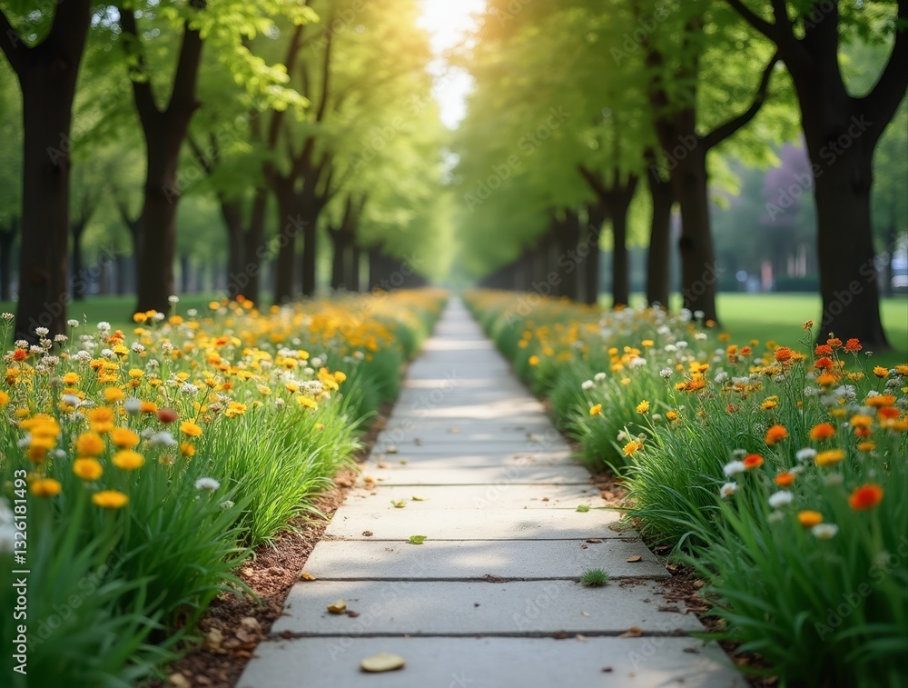 Fototapeta premium Pathway covered by sunlight between blooming flowerbeds in city park