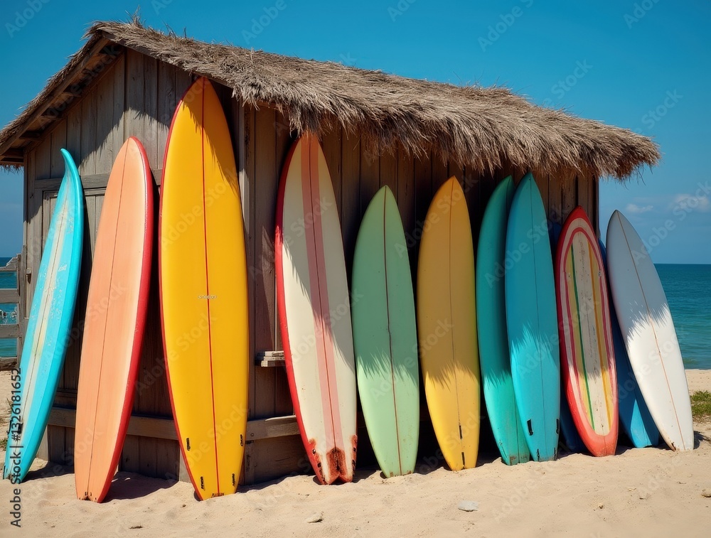 Colorful surfboards leaning against beach hut on sandy beach Colorful surfboards leaning against beach hut on sandy beach