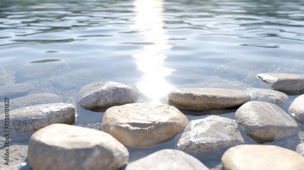 Peaceful scene of smooth stones in rippling water under sunlight, creating a calming and serene natural atmosphere. Peaceful scene of smooth stones in rippling water under sunlight, creating a calming and serene natural atmosphere.
