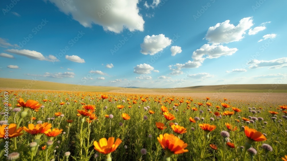 A vast open steppe with wildflowers swaying in the wind under a brilliant blue sky. The endless grassy plains stretch toward the horizon, bathed in golden sunlight and gentle breezes. A vast open steppe with wildflowers swaying in the wind under a brilliant blue sky. The endless grassy plains stretch toward the horizon, bathed in golden sunlight and gentle breezes.