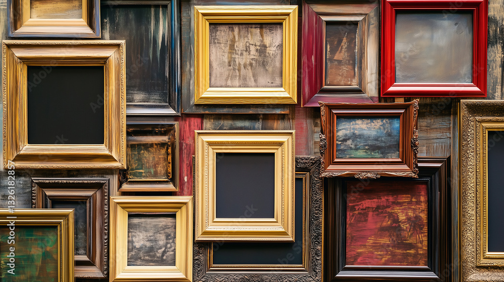 Collection of old vintage wooden frames. Choice of many blank antique gallery picture frames, textured backgrounds