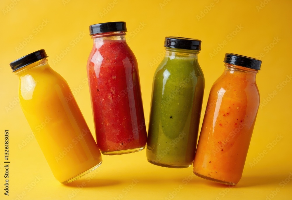 Colorful fruit juices in glass bottles against a vibrant yellow background Colorful fruit juices in glass bottles against a vibrant yellow background