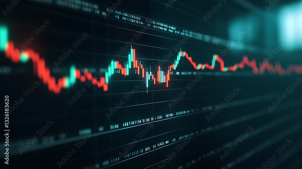 Abstract stock market chart with vibrant candlestick patterns in blue and red against a dark background