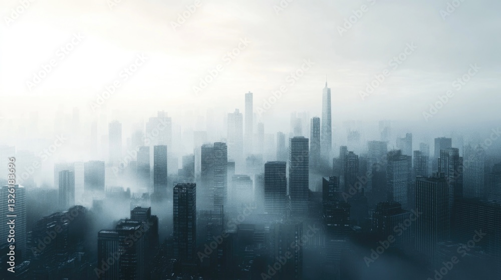 A dense fog rolls in over the city streets and buildings, reducing visibility to just a few feet A dense fog rolls in over the city streets and buildings, reducing visibility to just a few feet