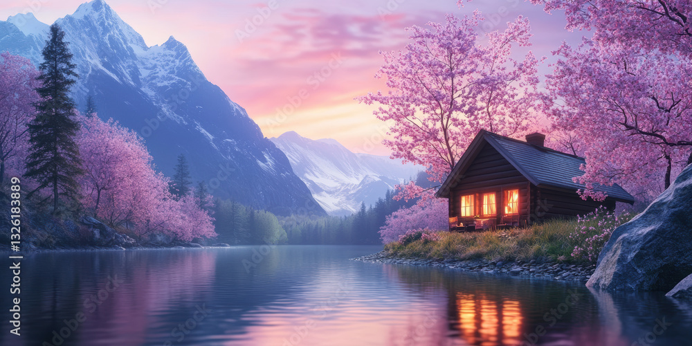 Fototapeta premium Tranquil Mountain Lake Sunset with Cozy Cabin and Cherry Blossoms