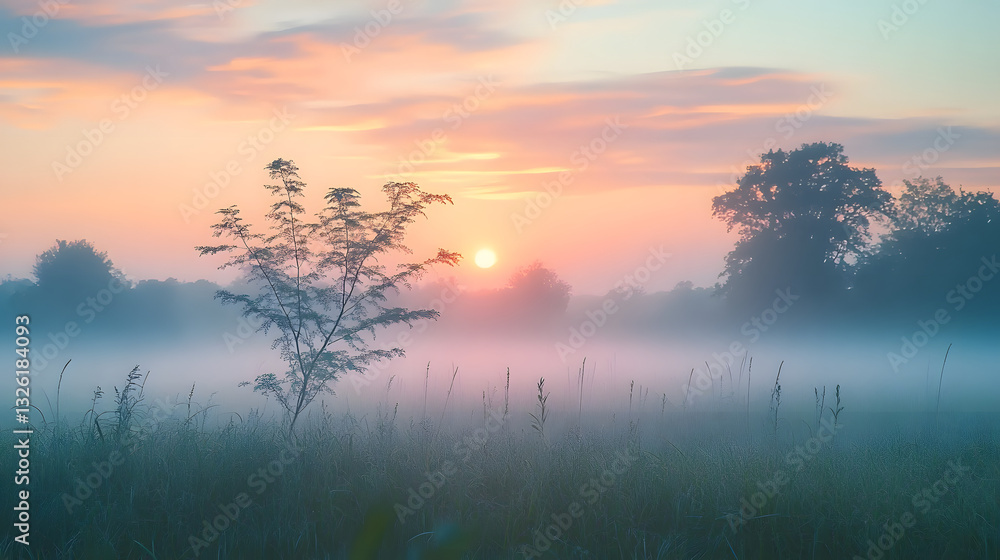 Fototapeta premium Beautiful foggy sunrise in English countryside with soft pastel sky and calm feeling : Generative AI