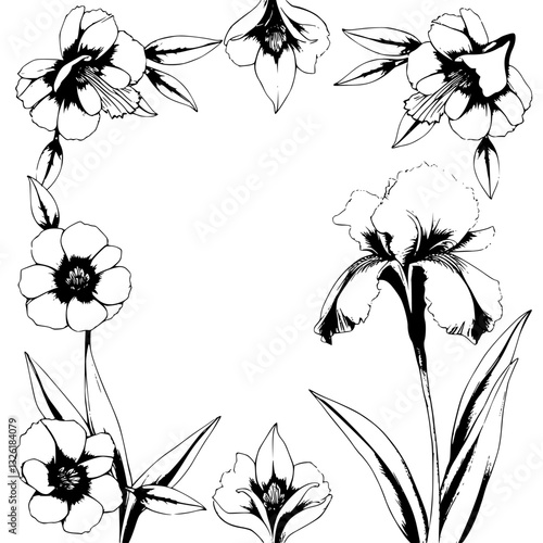 Elegant monochrome floral illustration featuring a diverse arrangement of detailed blooms including iris, and other stylized blossoms, set against a clean white background.