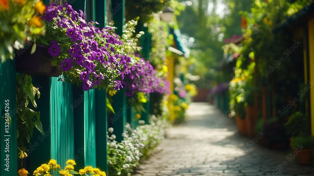 Fototapeta premium Alley with flowers and colourful houses on a street