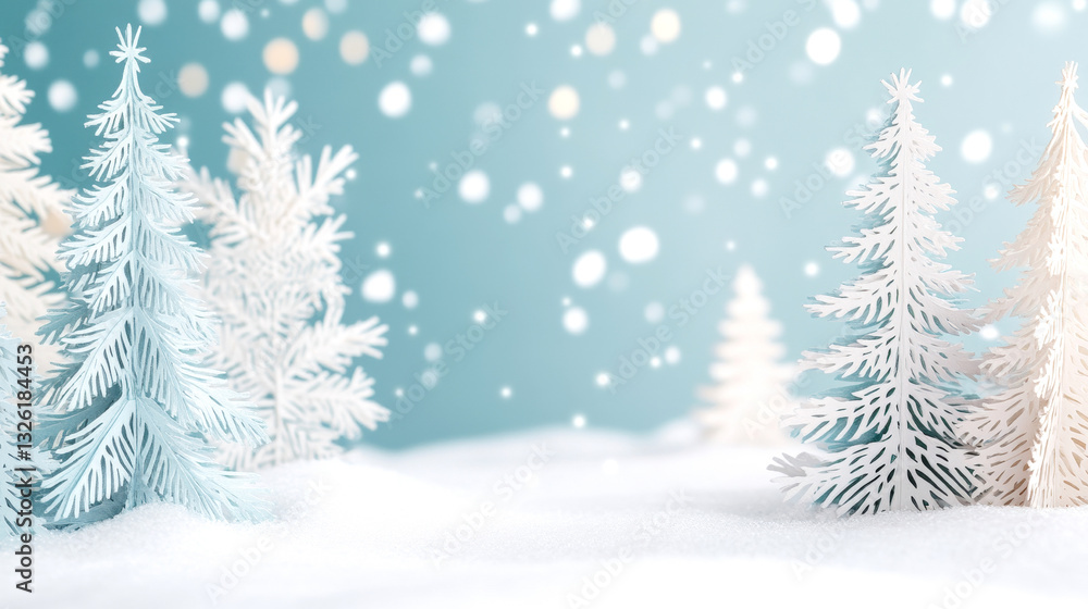 Obraz premium Whimsical winter forest with snowy paper cut pine trees under soft falling snowflakes serene seasonal scene