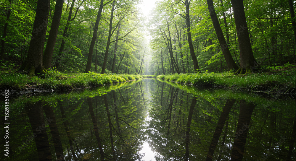 Obraz premium Reflective waterway surrounded by first foliage in a lush forest