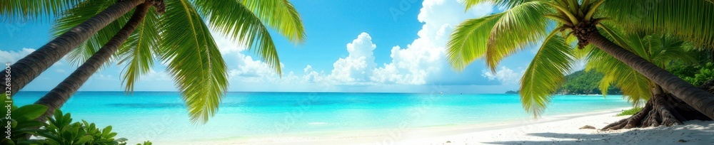 Fototapeta premium Lush palms, turquoise water, white sand beach, calm, serene