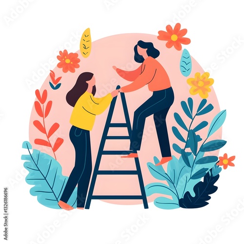 Empowerment Through Collaboration: Two figures support each other in a floral wonderland, illustrating the power of mutual aid and growth