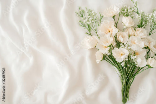 Delicate white floral bouquet on soft fabric background creating elegant and serene aesthetic for stylish decor