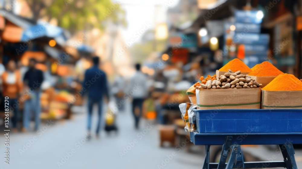 Obraz premium Vibrant spices displayed at a bustling market stall.