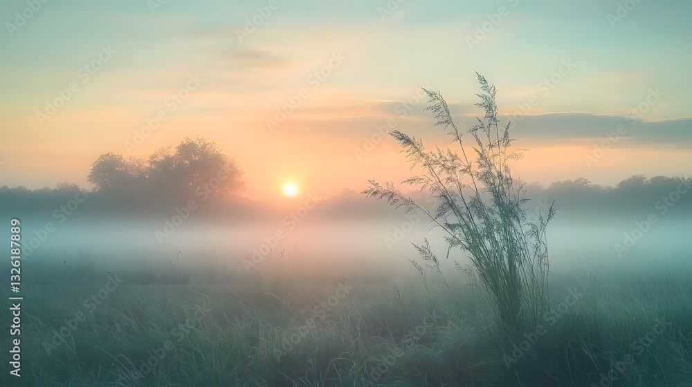 Fototapeta premium Beautiful foggy sunrise in English countryside with soft pastel sky and calm feeling : Generative AI