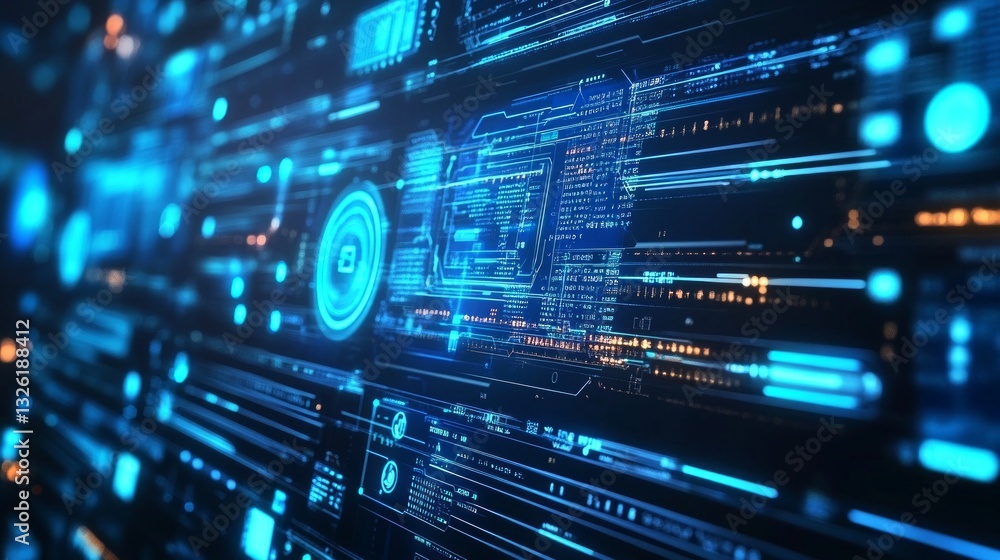 Naklejka premium Futuristic Data Interface with Glowing Blue Lines and Digital Elements