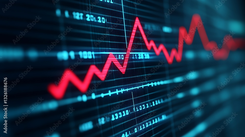 Digital Financial Chart Displaying Fluctuating Red Graph with Numerical Data on a Dark Background Digital Financial Chart Displaying Fluctuating Red Graph with Numerical Data on a Dark Background