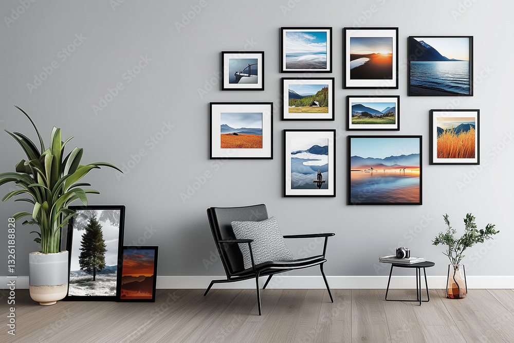 Photo gallery wall with many picture frames in a modern home interior, trendy contemporary decor and furniture