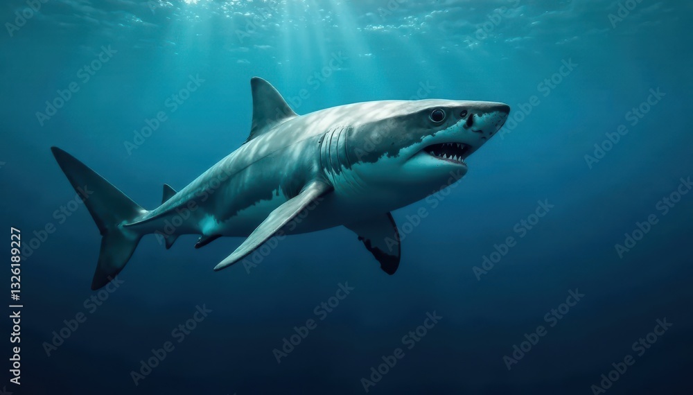 Immense great white shark profile view, isolated, deep ocean backdrop, tooth, animal, nature Immense great white shark profile view, isolated, deep ocean backdrop, tooth, animal, nature