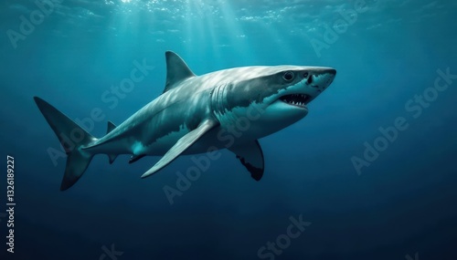 Wallpaper Mural Immense great white shark profile view, isolated, deep ocean backdrop, tooth, animal, nature Torontodigital.ca