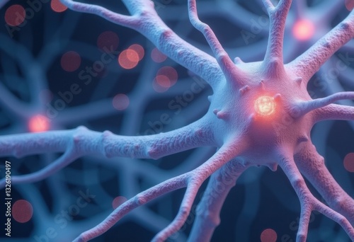 Close-up view of a neuron with glowing connections and intricate details
