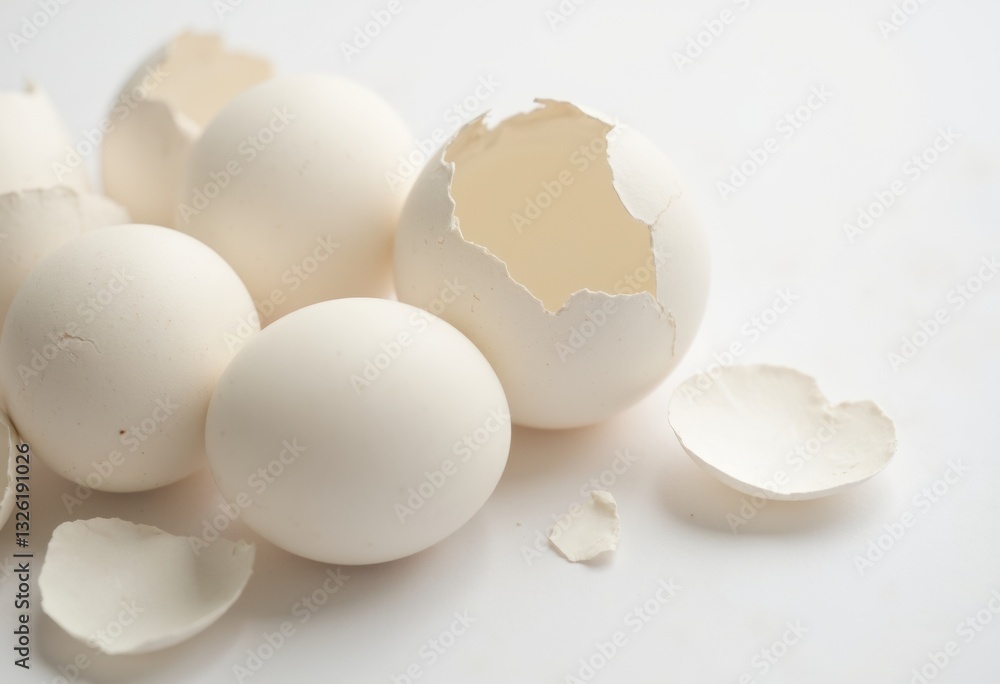 Fresh white eggs with broken shells scattered on a light background Fresh white eggs with broken shells scattered on a light background
