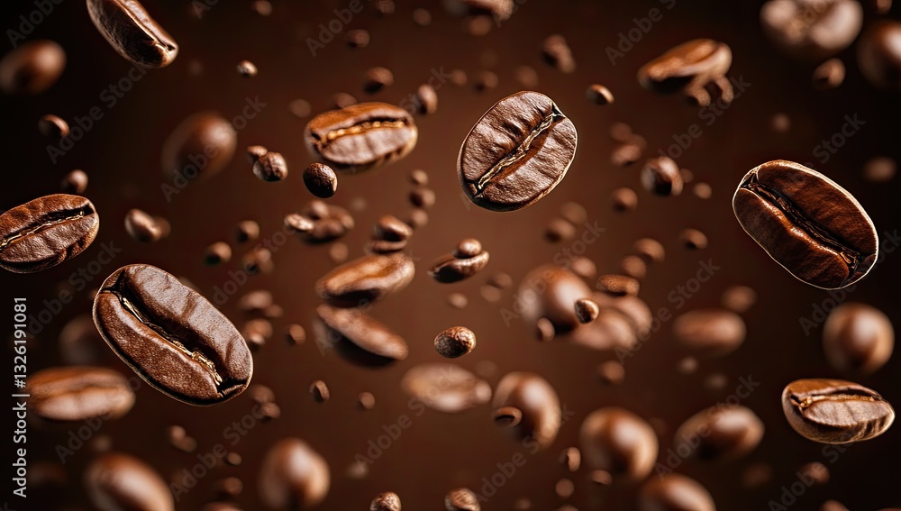 Coffee beans levitating in mid-air against a dark brown background, showing movement and energy, ideal for coffee shops, cafes, or food publications Coffee beans levitating in mid-air against a dark brown background, showing movement and energy, ideal for coffee shops, cafes, or food publications