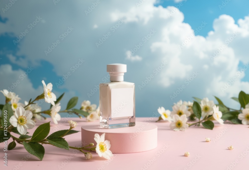 Elegant perfume bottle displayed on a pink pedestal with flowers and clouds Elegant perfume bottle displayed on a pink pedestal with flowers and clouds
