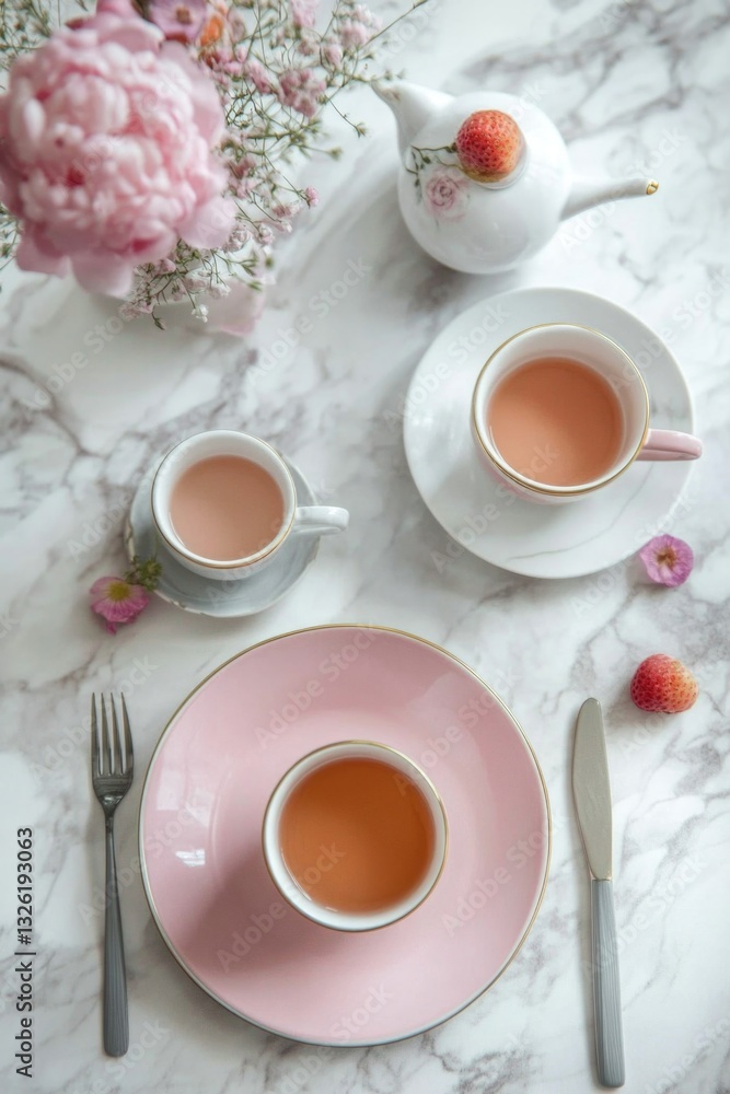 A simple still life scene with two cups of tea and a vase of flowers on a table A simple still life scene with two cups of tea and a vase of flowers on a table