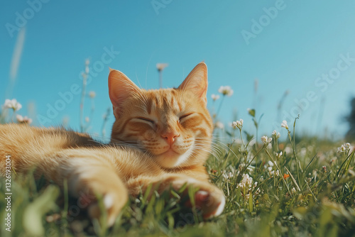cute cat on the grass and blue sky
