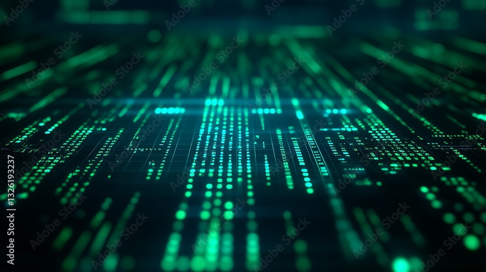 Futuristic Digital Background with Glowing Green Binary Code and Data Streams in a Dark Environment Futuristic Digital Background with Glowing Green Binary Code and Data Streams in a Dark Environment