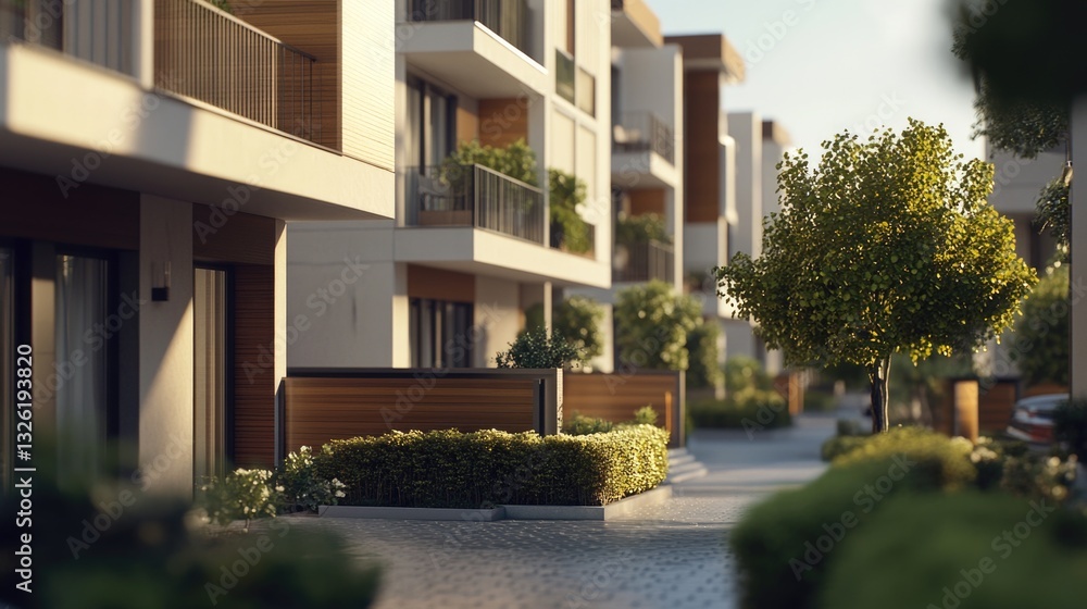 A row of apartment buildings basking in the warm sunlight A row of apartment buildings basking in the warm sunlight