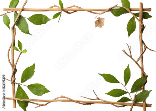 isolated transparent Background. Handmade bamboo frame with delicate woven details and green leaves