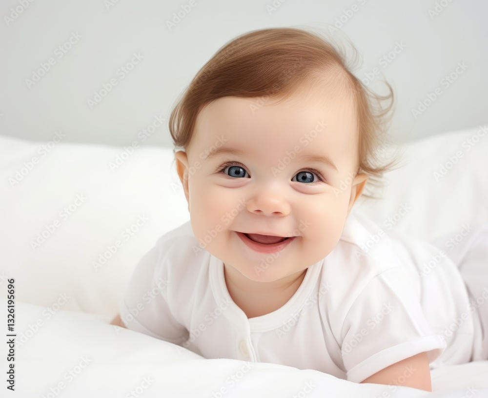 Portrait of a crawling baby on the bed in her room Portrait of a crawling baby on the bed in her room