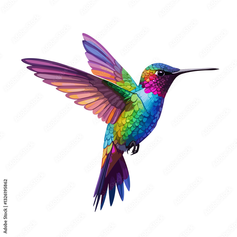 Obraz premium Fantasy world. Colorful hummingbird. Abstract watercolor drawing. Flat vector design. Transparent PNG version.