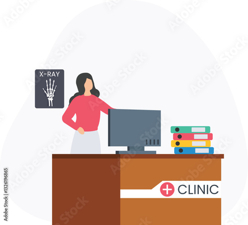 Clinic reception or patient check-in, appointment scheduling or booking system, front desk management or reception services, patient registration or intake process, clinic staff
