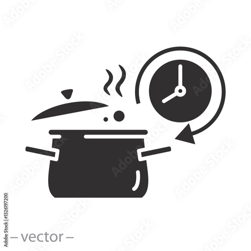 fast prepare meal, cooking time icon, timer cook food, pan with clock, flat vector illustration