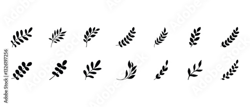Simple summer, spring branches with leaves. Botanical elements. Floral branch set. Minimalist black silhouette. Flower logo design element. Elegant twig decoration set. Plant icons. Hand drawn black l