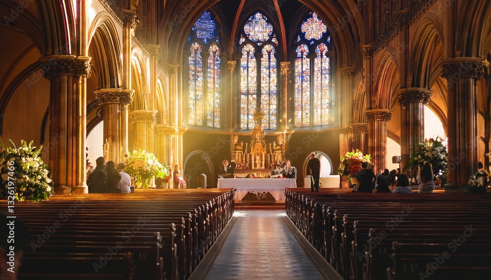 Fototapeta premium Majestic First Communion ceremony in a beautiful cathedral, with radiant light shining through the colorful stained glass windows. A spiritual scene